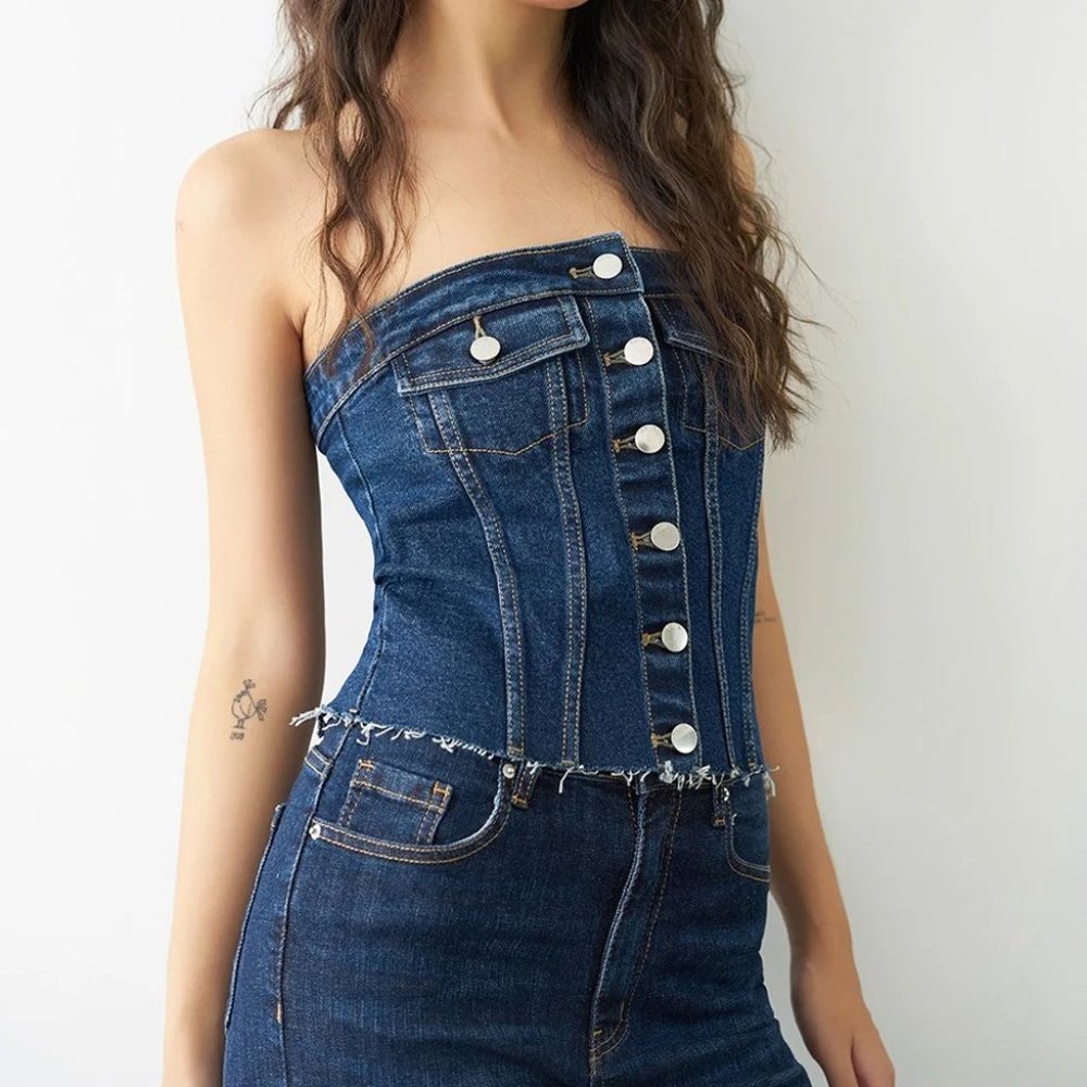 Strapless Denim Top with Pockets Dark Blue T0708